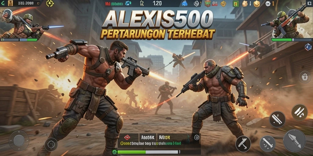 Screenshot ALEXIS500 menampilkan aksi bertarung intens di arena Battle Royale.