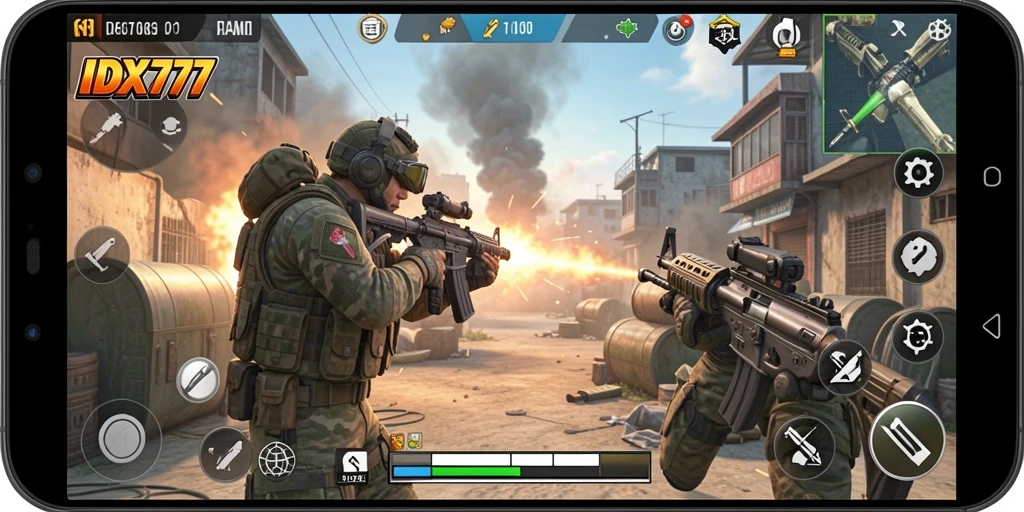Screenshot gameplay IDX777 yang menampilkan pertempuran FPS yang mendebarkan.