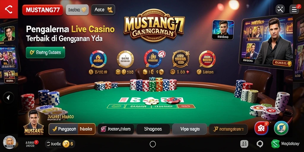 Screenshot utama MUSTANG77 menampilkan dealer langsung dan permainan interaktif.