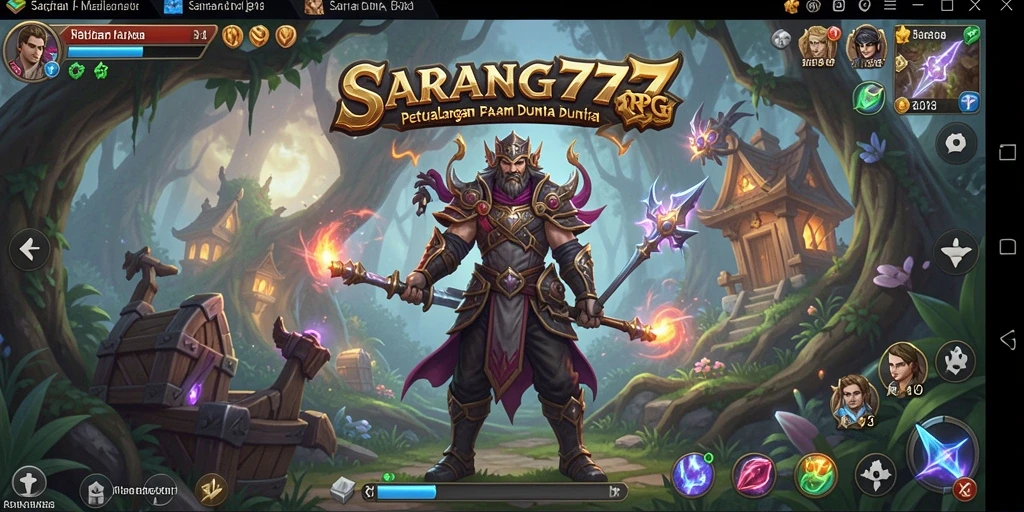 Tampilan gameplay SARANG777 menunjukkan pertarungan seru di dunia fantasi.
