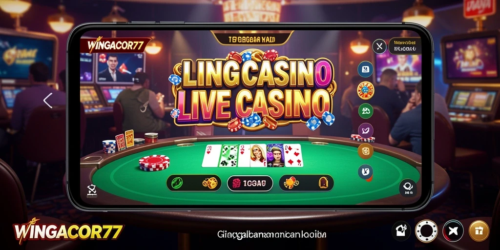 Screenshot gameplay WINGACOR77 menunjukkan interaksi langsung dengan dealer di Live Casino.